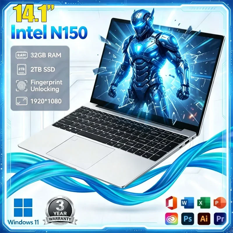 14.1 Inch Full HD IPS Laptop 120Hz Screen Intel Core N150 32GB RAM 2TB SSD Backlit Keyboard Long Battery Life Windows 11