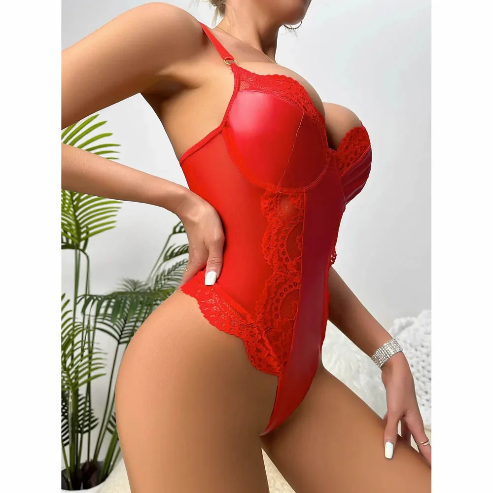 

V-Neck Faux PU Leather Bodysuit Lace Mesh Transparent High Cut Thong Swimsuit Tights Sexy Body Teddies Lingerie Home Swimwear