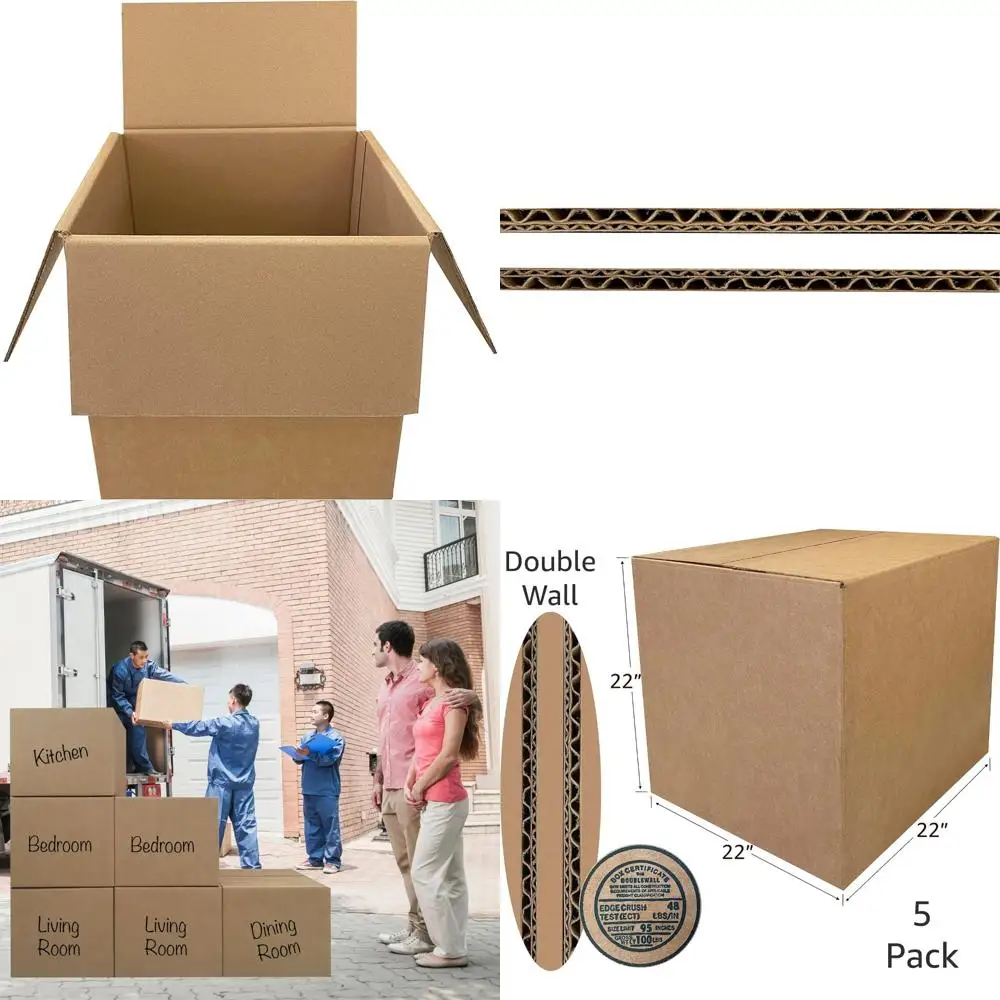 صناديق شحن مموجة شديدة التحمل بوزن 275 رطل، 5 عبوات، 22 × 22 × 22 بوصة، قوية جدًا للتحريك والتغليف #1