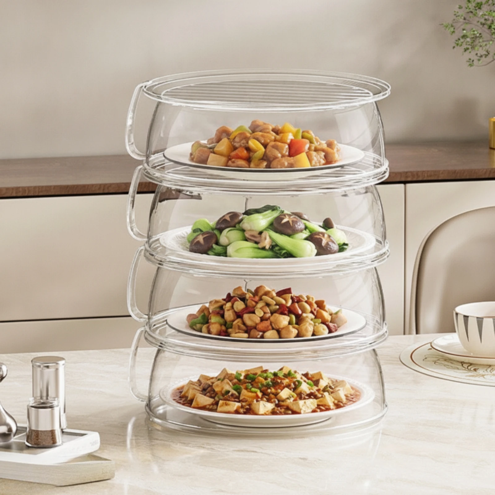 Four-Tier Food Cover Transparent Stackable Food Cover Clear Multilayer for Dining Table, Kitchen Counter
