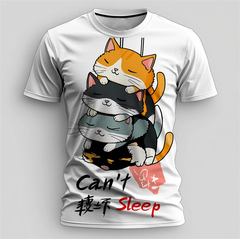 Cute Can't Sleep Cats Graphic T Shirts For Men Summer Fashion Funny Cat 3D Printed T-shirts Loose Breathable Harajuku Tees Tops