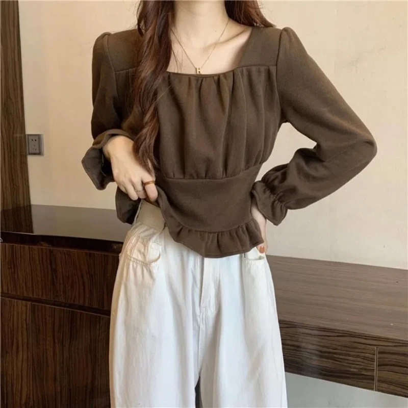 Korean Spring Sweet Square Collar Off Shoulder Fashion Solid Color Blouse Women Elegant Vintage Pleated Flare Sleeve Pullovers