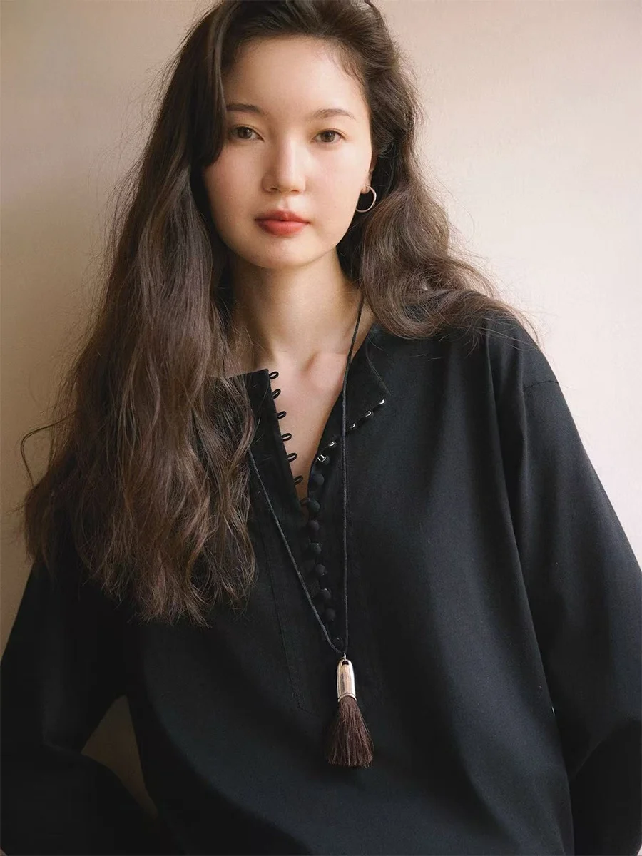 

Even Vintage 00% Cotton Loose Long Sve Henry Collar T-irt Autumn Winter Comfortable Lazy Sle Color Women's Top