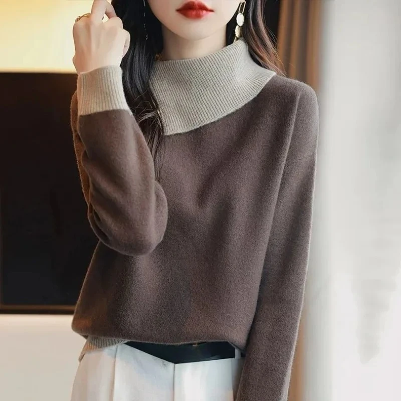 

Цветные контрастные свободные женские пуловеры, теплый теплый японский стиль, зима 2025 г., оригинальный базовый женский вязаный свитер с длинными рукавами