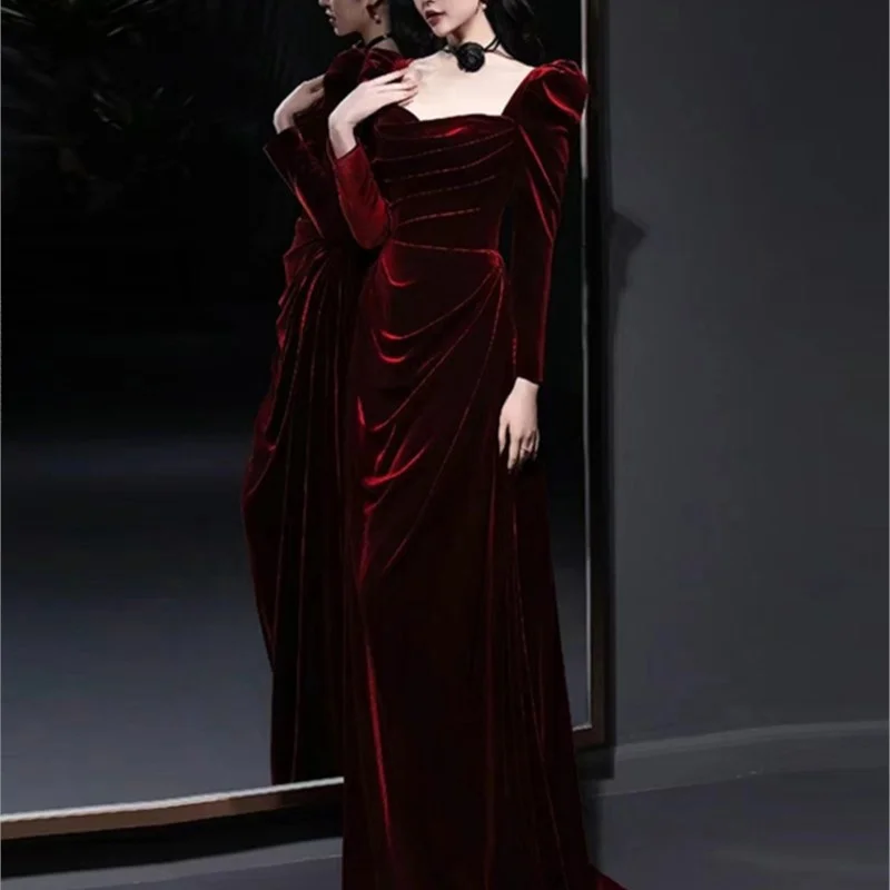 New velvet toasting dress long sleeve fishtail slimming banquet Burgundy