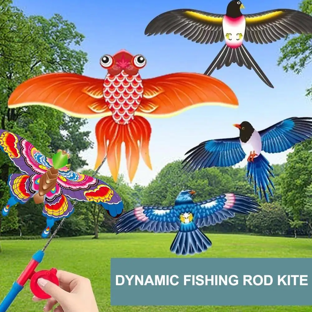 Children Kite Toy Cartoon Eagle Foldable Mini Plastic Toys Kite Hand Brake Fishing Rod  Butterflies For Kids Outdoor Toy For Fun