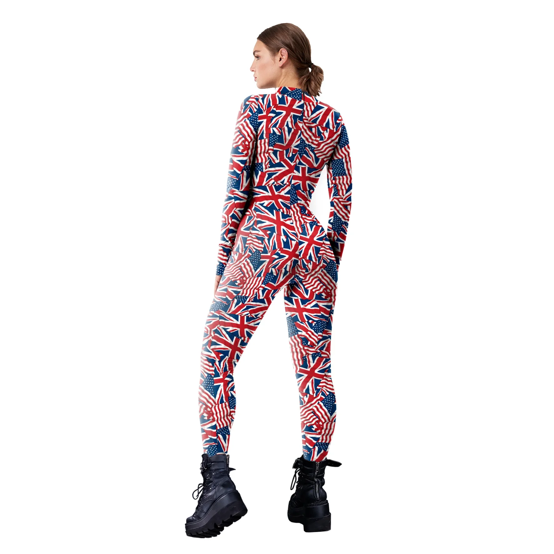 Zawaland Women Cosplay Kostuum Onafhankelijkheid Dag Bedrukt Sexy Lange Mouwen Jumpsuit Rug Zip Zentai Bodysuit Party Suit Kleding