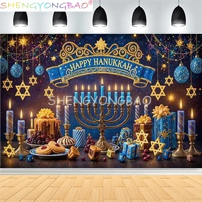 

Judaism Happy Hanukkah Background Jewish Jesus Candlestick Party Candles Kwanzaa Bread Decor Photography Backdrop IS-04
