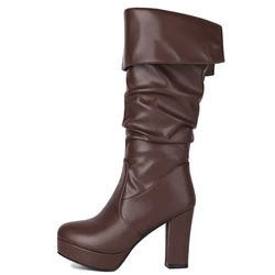 Knee High Boots For Women Platform 2023 Sexy Punk High Heels Pleated Black Brown Women's Long Boot Winter Shoes Large Size 44