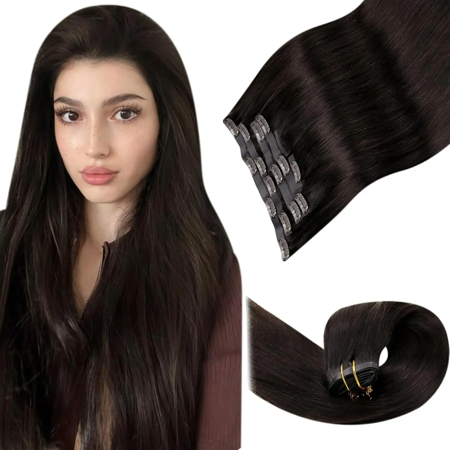 Laavoo PU Seamless Clip in Hair Extension Pure Color 100% Real Brazilian Hair Straight Natural 80G&105G Clip on Hair Extensions