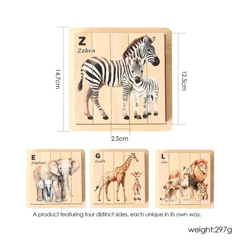 4 in 1 Wooden Animal Block Puzzle With 4 Sides Preschool Montessori Toys Gifts For Infants Promote Hand-Eye Coordination