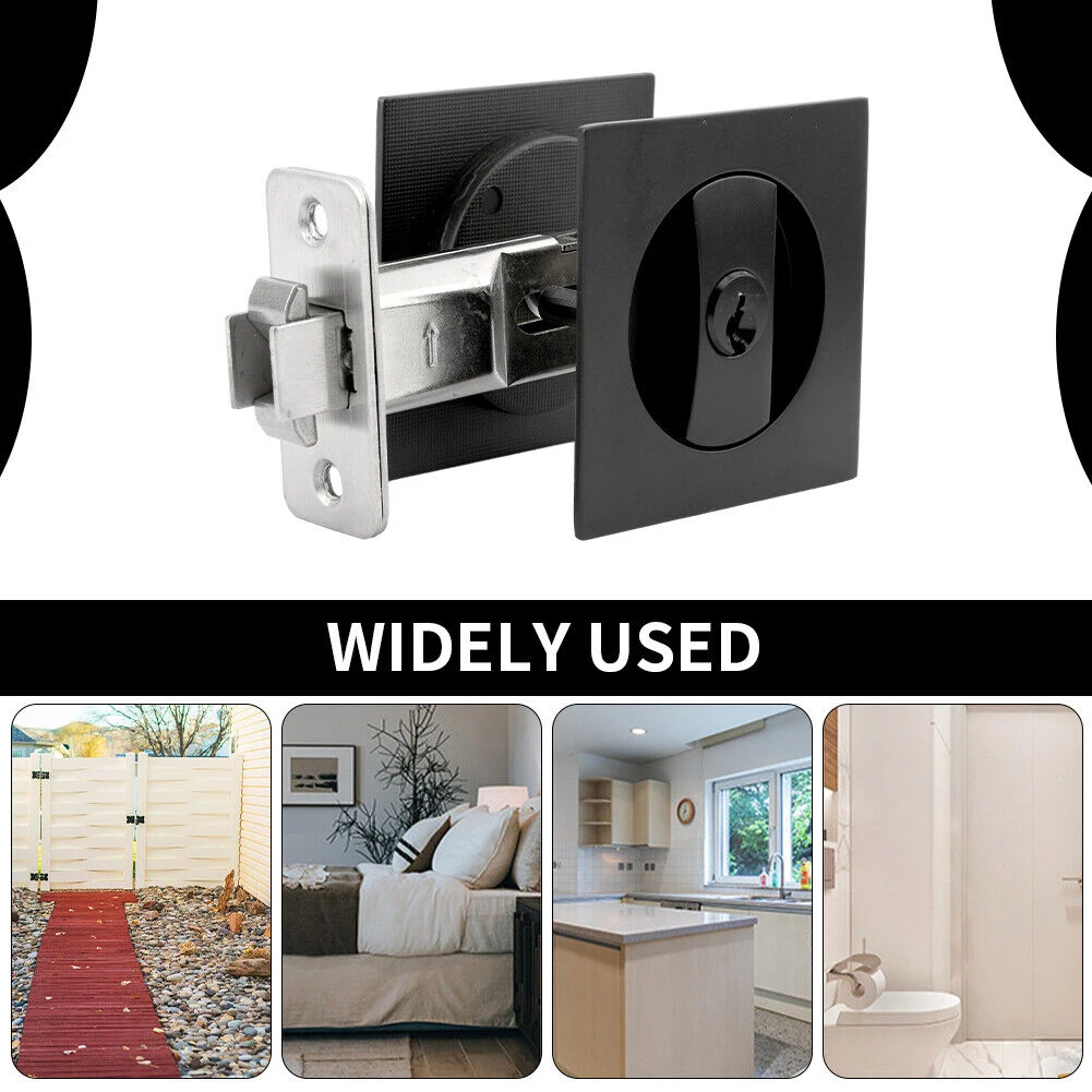 Black Zinc Alloy Pocket Door Lock Double Hook Privacy Hardware Square Recessed Sliding Lock for Bathrooms Bedrooms