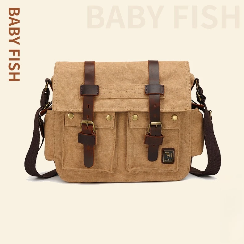 

Retro men's crossbody backpack with canvas and leather spliced lock flap, sturdy travel women's single-shoulder bag