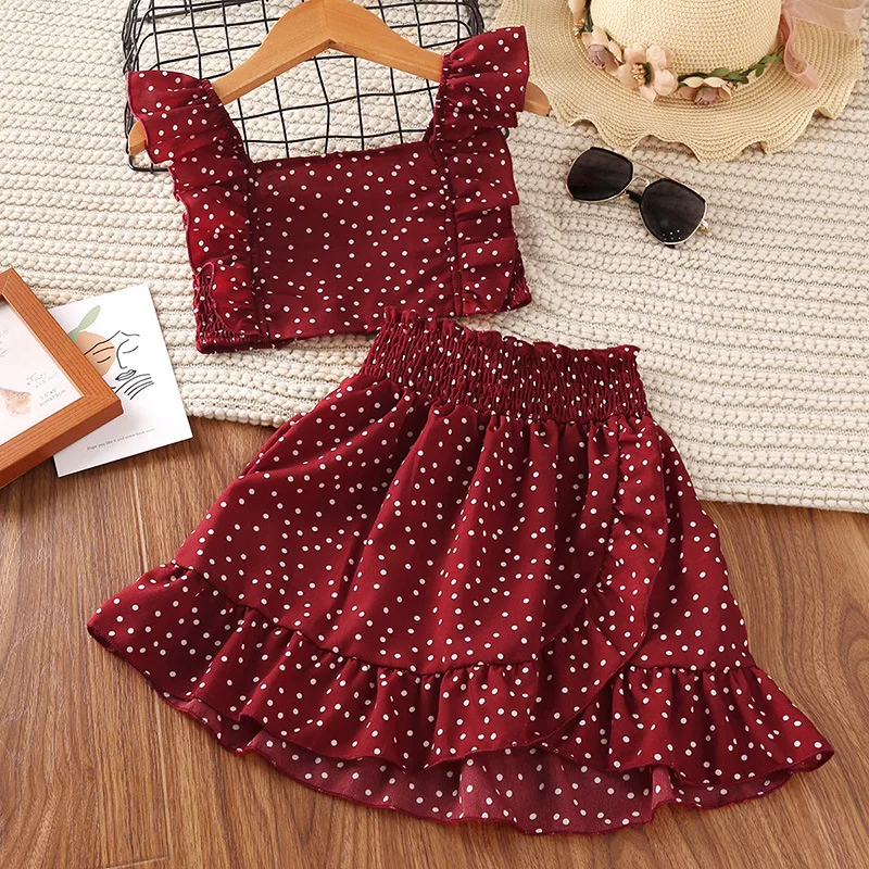 Polka Dot Girl Cloth Set Crop Top Skirt Chiffon Chic Elegant Outfit Kids Children Clothes Boutique Teenager Suits Plus Size