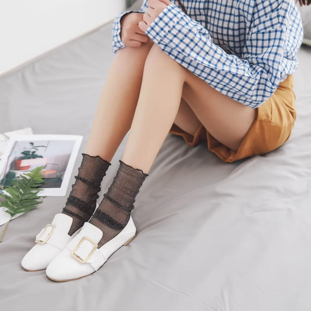 Summer Gift Simple Elastic Gauze Transparent Women Thin Socks Shiny Korean Style Socks Glitter Silk Hosiery