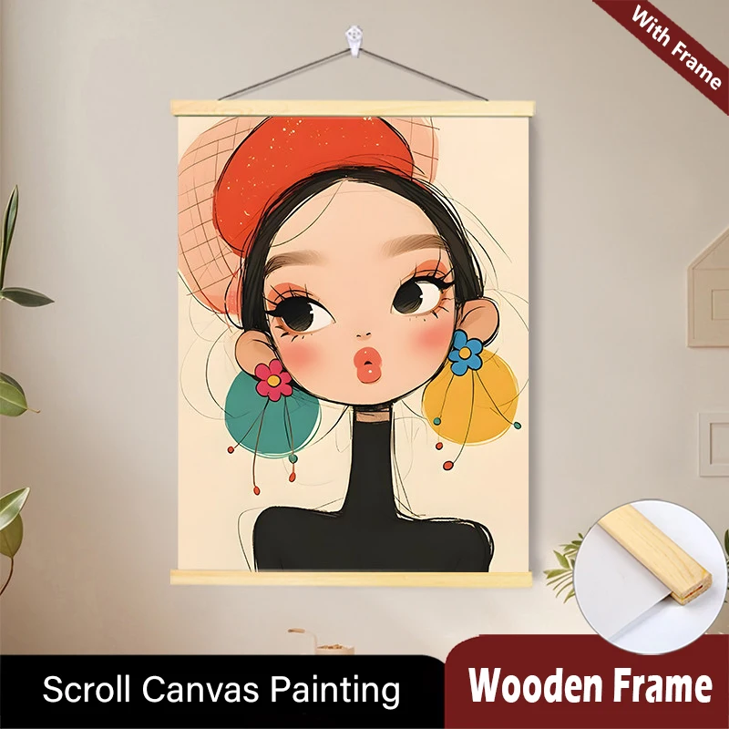 

Dopamine Playful Girl Korean Ins Style Cute Cartoon Wood Hanging Scroll Painting Posters Wall Art for Kids Room Bedroom Decor