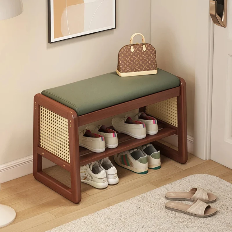 

Shoe Cabinet 2-Layer Solid Wood Foot Stool with Imitation Rattan Weaving Entrance Bench with Comfortable Seat Cushion for