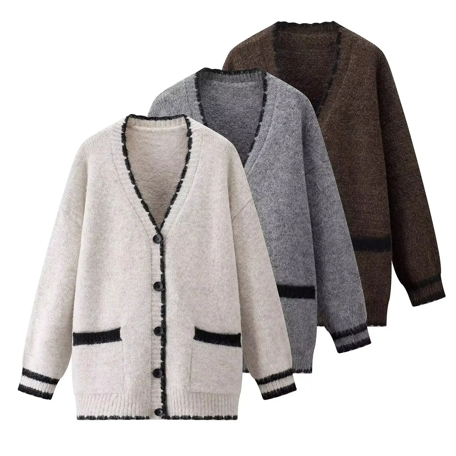 KONDALA Chic Casual 2025 Women Solid Vintage Sweaters V-Neck Pockes Long Streetwear Single Breasted Elegant Oversized Outwear