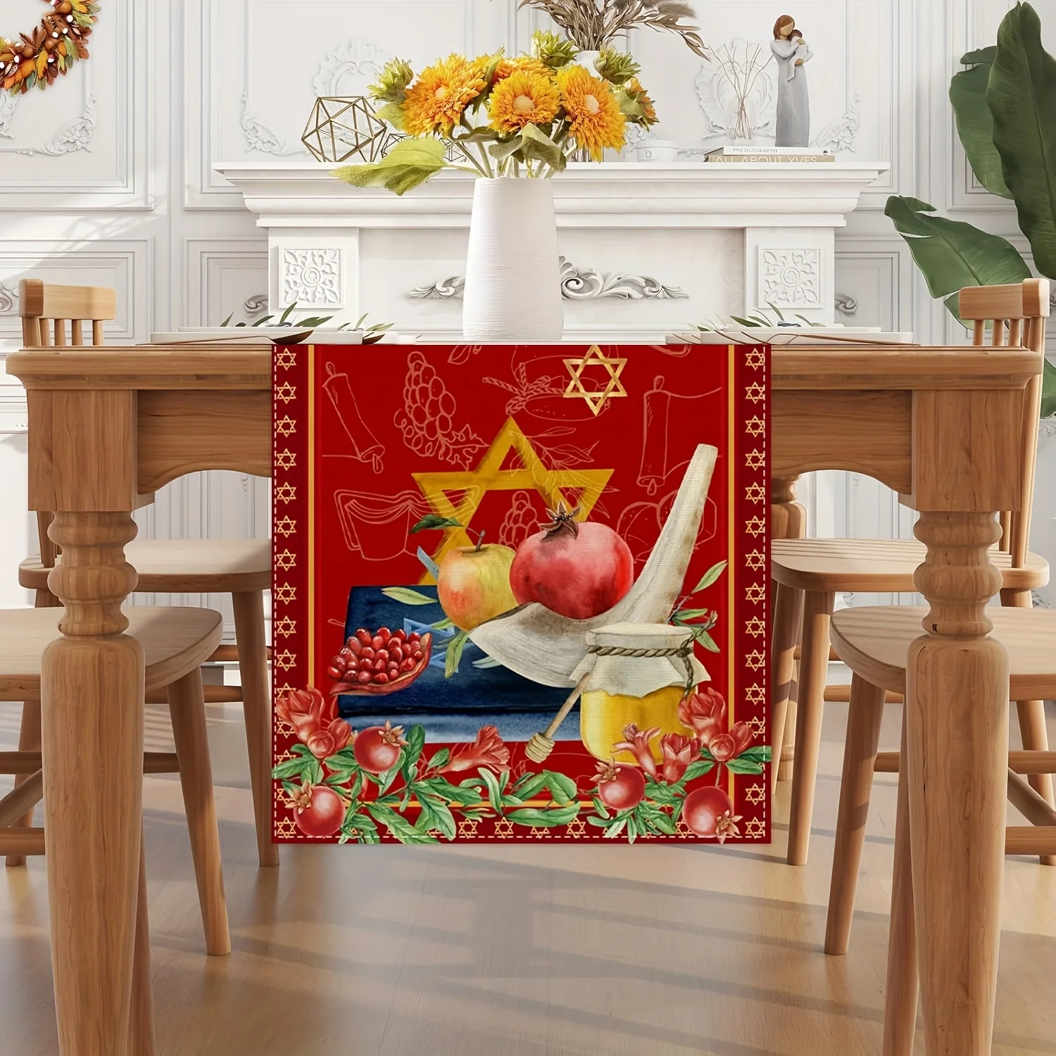 Rosh Hashanah Linen Table Runner Home Decor Shana Tova Honey Horns Pomegranate Kitchen Dining Table Runners Jewish Party Decor