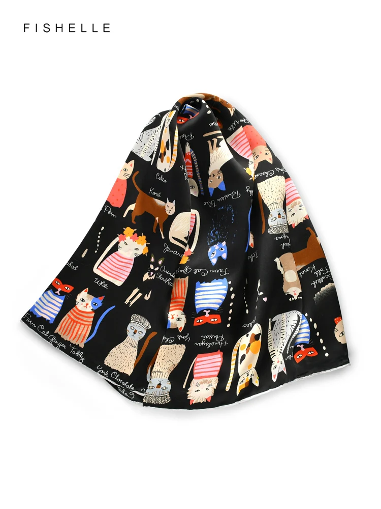 New black cat cartoon printed natural silk scarf female head scarfs real silk square hijab scarves ladies spring summer shawl