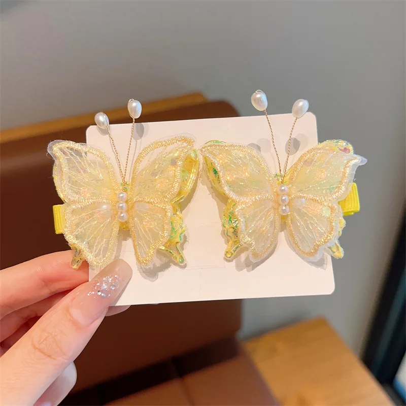 2PCS New Princess Embroidered Butterfly Lovely Girls Hairpins Children Headwear Hairgrip Hair Clips Barrettes Hair Accessories