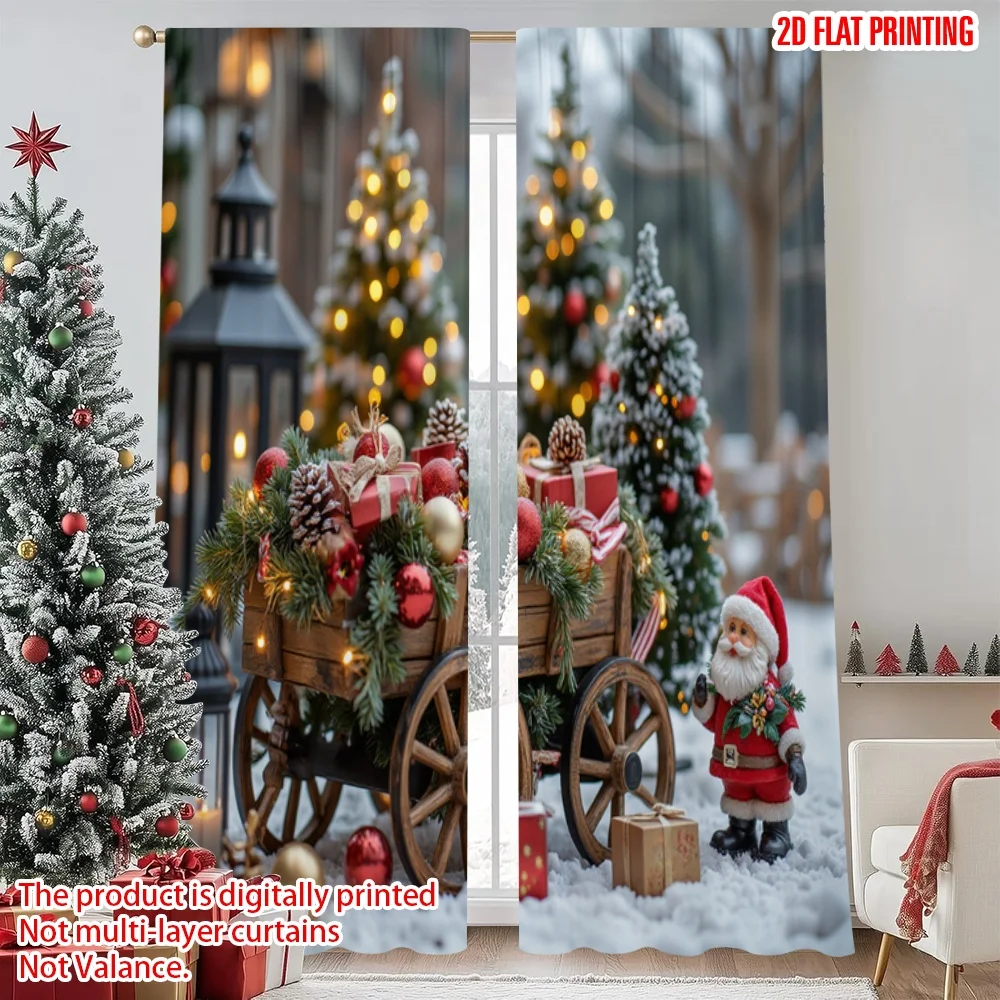 

2pcs 2D flat printing Fashionable Christmas Curtains Christmas red gift wagon Digital Printed Polyester Drapes Party & Holiday