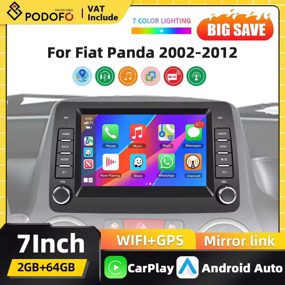 Radio de Auto Podofo 2Din con Carplay y Android Auto para Fiat Panda 2002-2012, Navegación GPS, 4G, BT, FM/RDS, Sistema de Audio Inteligente para Auto