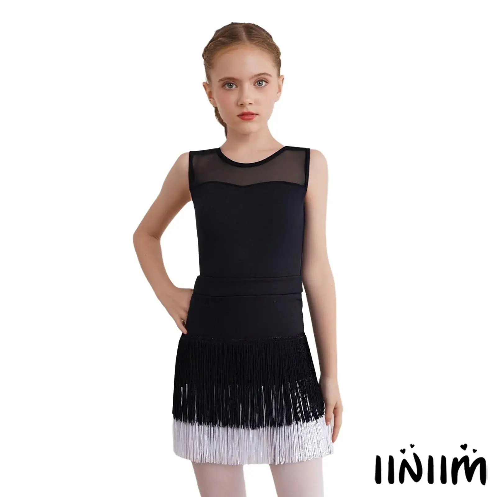 

Kids Girls Latin Samba Stage Competition Wear Set Sleeveless Sheer Mesh Leotard with Tassel Skirt for Tango Figure Skating Dance