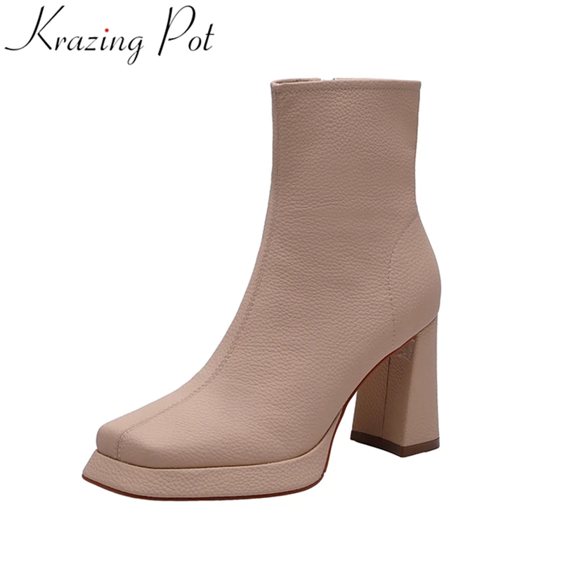 

Krazing Pot Cow Split Leather Square Toe Zipper High Heels Chelsea Boots Office Lady Concise Luxury Winter Concise Ankle Boots