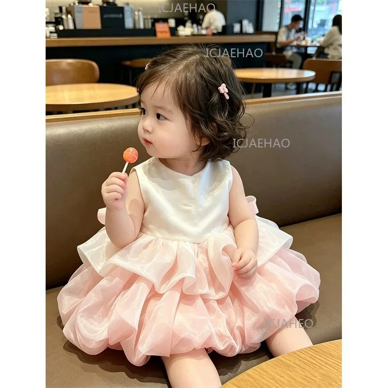 Baby Girls First Birthday Gown Party Children Banquet Sleeveless Princess Tutu New Sweet Kids Fashion Wedding Flower Girl Dress