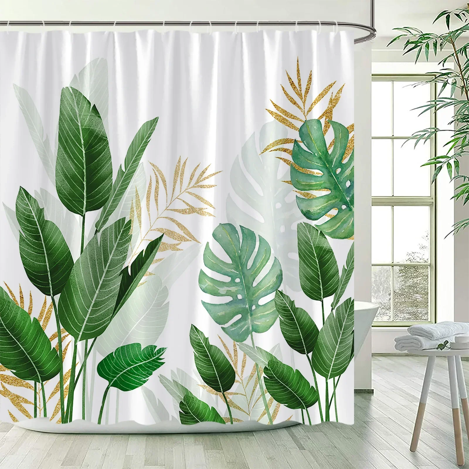 Tropical Plants Floral Shower Curtains Beige Green Palm Leaves Flowers Nordic Decor Bathroom Polyester Bath Curtain with Hooks