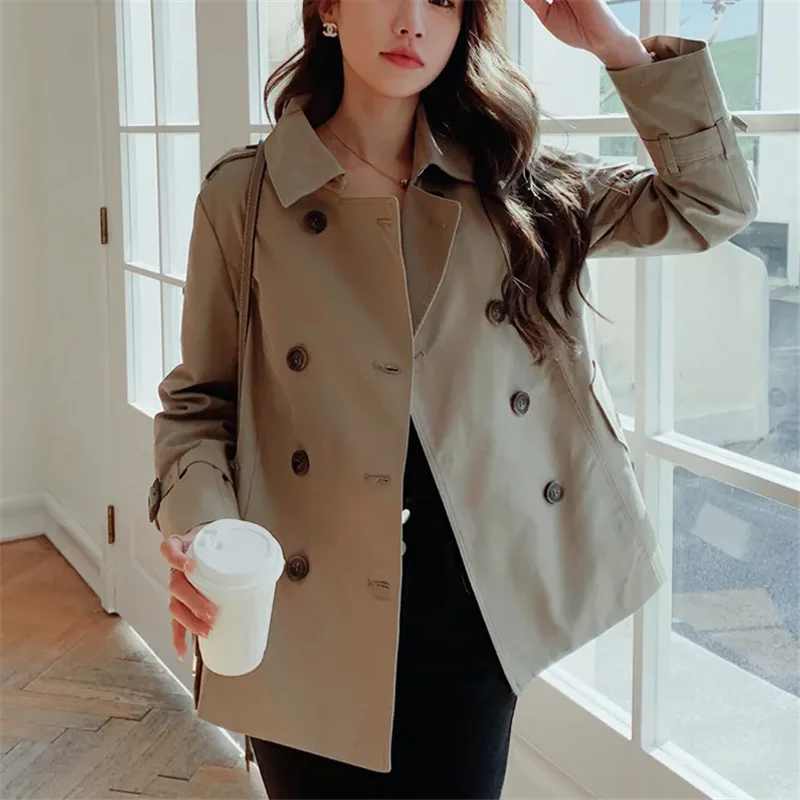 Spring Autumn Short Windbreaker Coat Women 2024New Fashion Loose Leisure Jacket Double-Breasted Pure Colour 3XL Outerwear Female