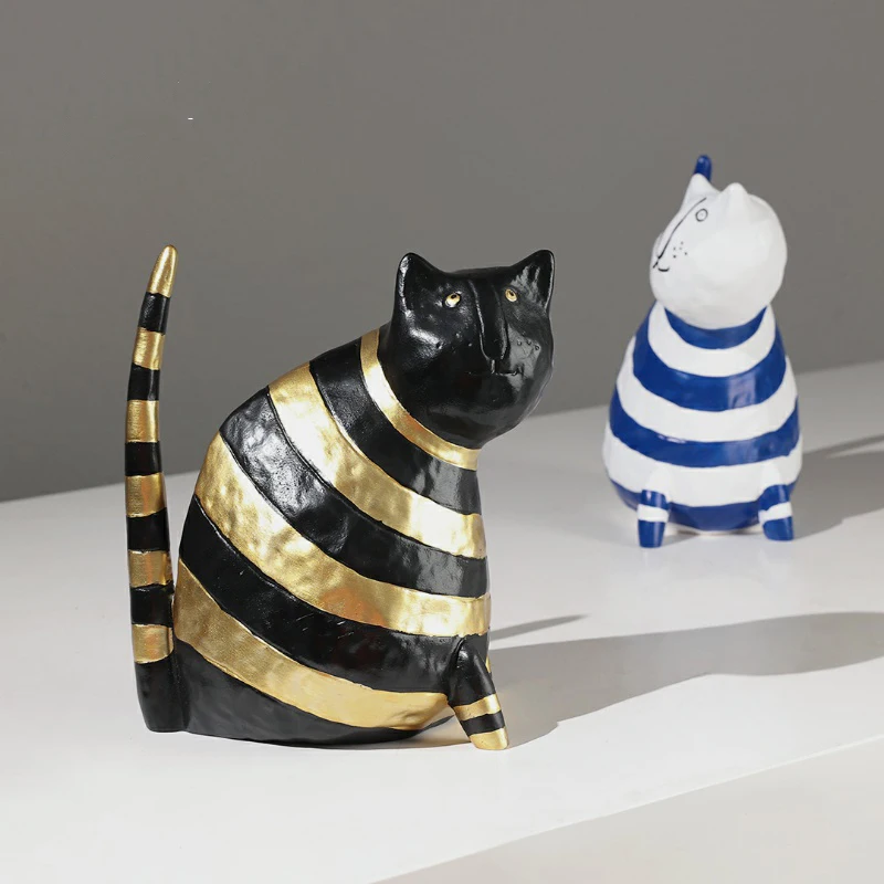 

Nordic Style Cartoon Black Gold Striped Cat Figure Resin Statue Home Decoration Living Room Sailor Suit Cat Sculpture Figurine