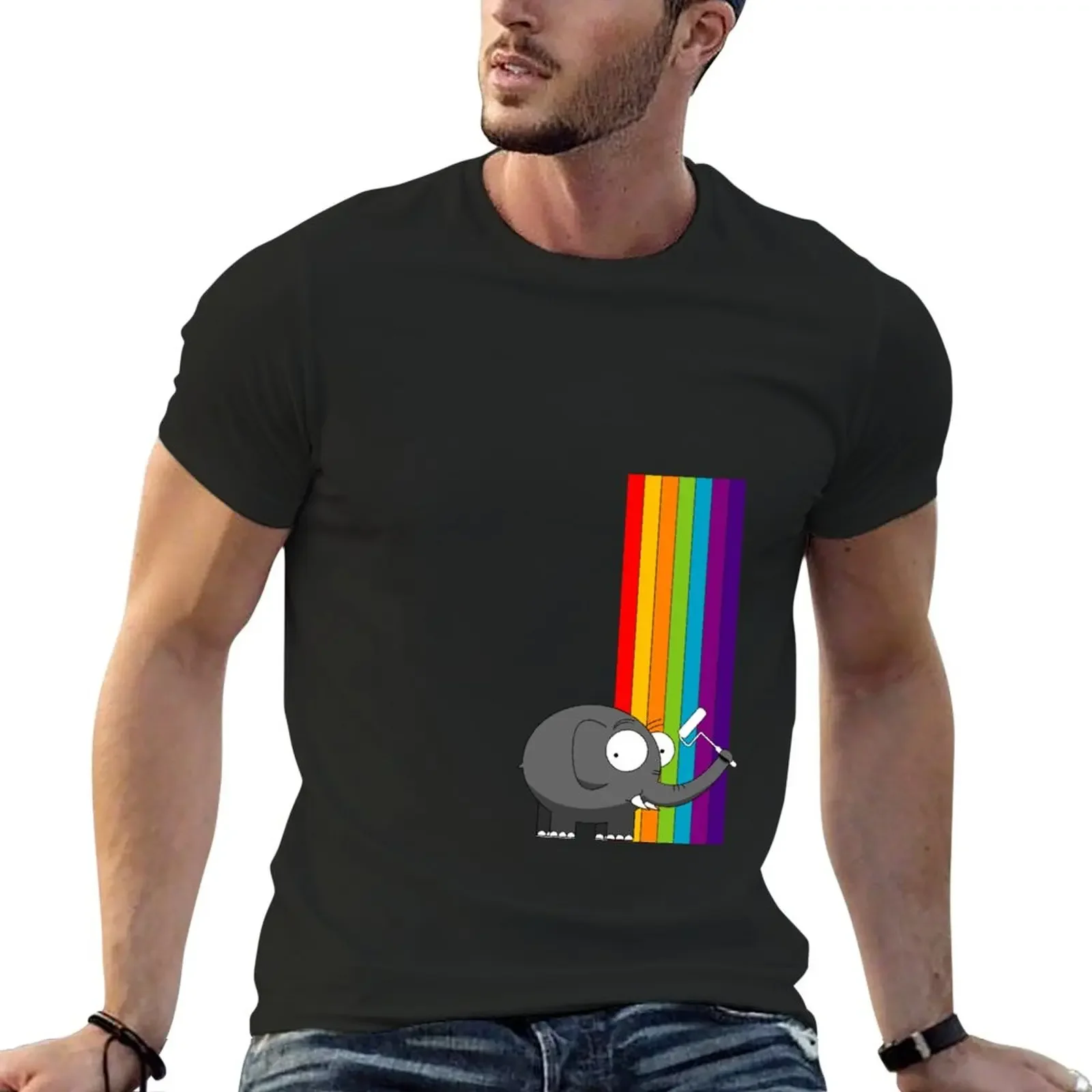 T-Shirt New Rainbow elephant t shirts mens casual stylish plain funny custom Short Sleeve Cotton Male printing Casual Informal