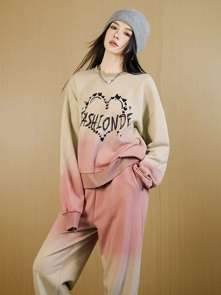 Women Gradient Pink Running Set Printed Loose Fit O Neck Sweatshirt Wide Leg Sweatpants Two Piece Set Female Jogging Tracksuit