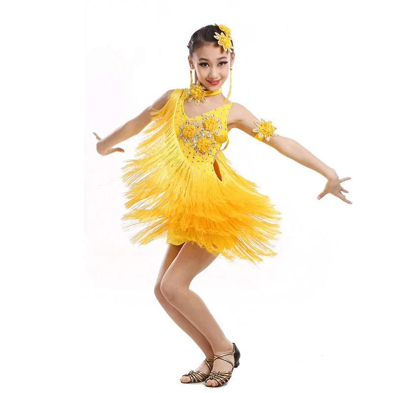 child kid children professional latin dance dress for girls ballroom dancing dresses for kids red sequin fringe salsa tassel