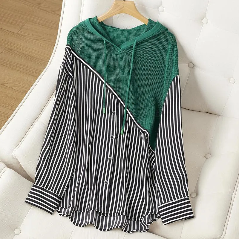 Spring Autumn Fashion Striped Patchwork Hooded Shirt Women Casual Long Sleeve Street Loose Hoodie Tunic Top Female Clothing 4XL