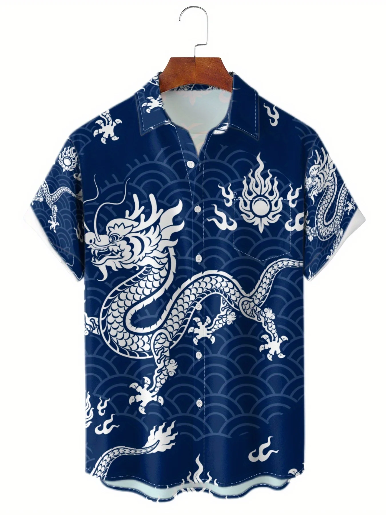Men Short Sleeve Button Down Shirt Blue White Chinese Dragon Wave Print Polyester Lapel Collar Casual Beach