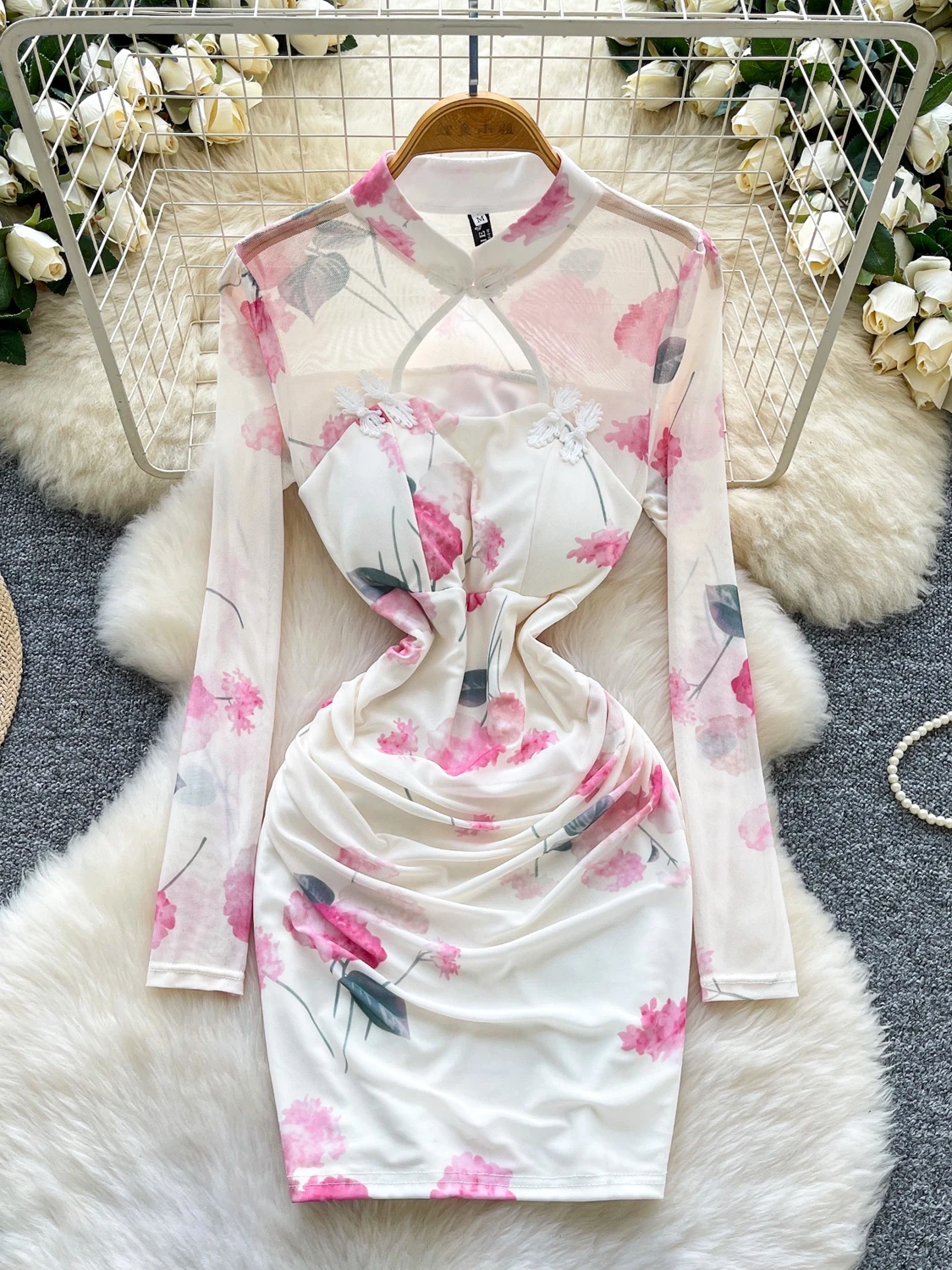 포멀리나 프린트 드레스 여성 2025 신상 패션 스탠드 넥 긴팔 컷아웃 시스루 메쉬 패치워크 슬림 바디콘 파티 드레스