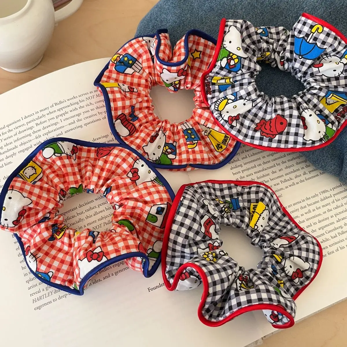 Hello Kitty Anak Perempuan Lucu Klasik Kotak-kotak Seri KT Usus Besar Rambut Cincin Diikat Ikat Kepala Karet Gelang Aksesoris Rambut Hadiah