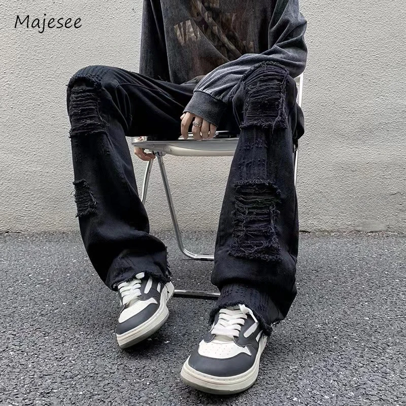 Flare Jeans Men Trendy Simple High Street Spring Autumn Ripped Scratched Raw Edge Solid Color Teenagers American Style Handsome