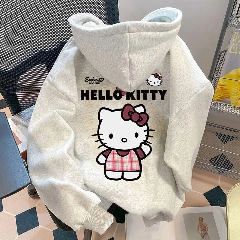 Moletom Sanrio Hello Kitty com Forro de Fleece Grosso, Quente, Feminino, Corte Solto, Tamanho Petite, para Outono/Inverno, Novo, Fofo, Estiloso e Moderno