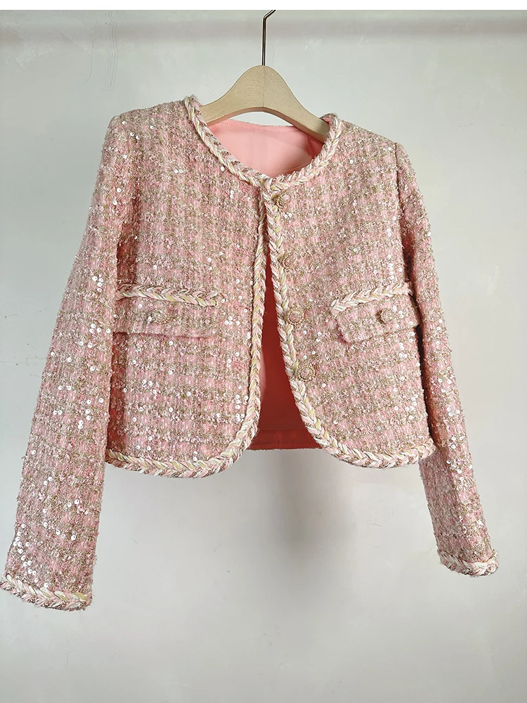 2024 autumn and winter new sequined woven Chanel style single-breasted light luxury celebrity tweed versatile jacket