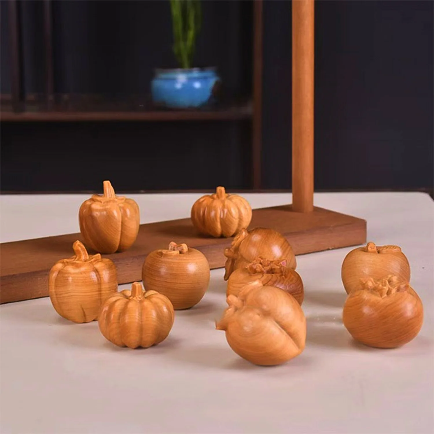 Cypress Wood Carved Fruit Collection Apple Mangosteen Persimmon Pear Pumpkin DIY Accessory Cute Kids Craft Gift