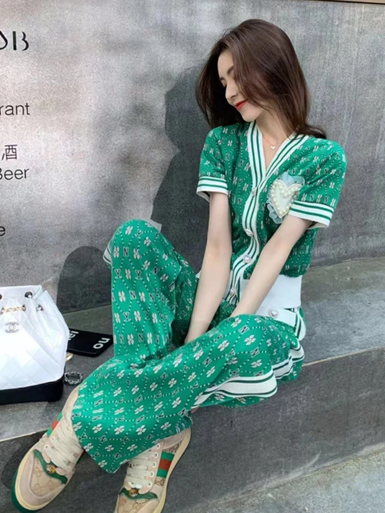 Short Sleeved Green Pants Two Piece Set Women 2023  Summer Korean V Neck Cardigan Tops Wide Leg Trousers Suit Casual Short Sets