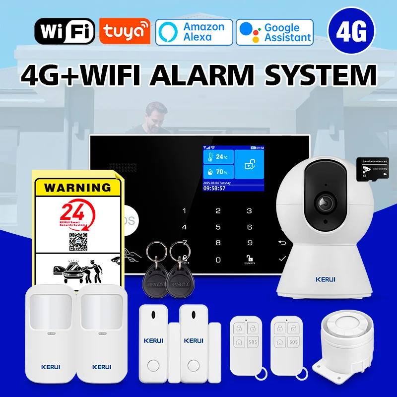 

Домашняя сигнализация KERUI WiFi + 4G с дисплеем температуры/влажности G34, система безопасности, сигнализация Tuya Smart Life, охранная сигнализация, датчик 433 МГц