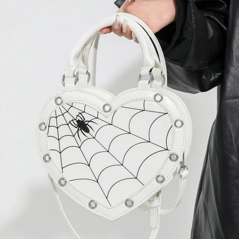 Heart Spider Web Shoulder Bag, Faux Leather Crossbody Handbag Y2K, Gothic Halloween White Purse Tote, for Women Girls Party Gift