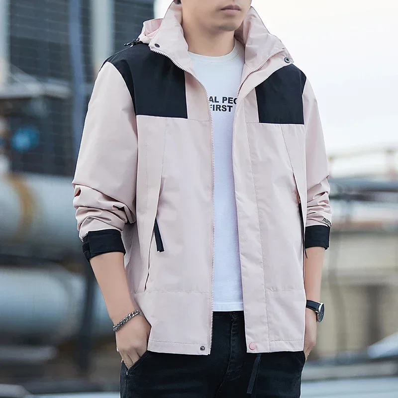 

New Spring Jacket Men Autumn Fasion Color Match Zip Up Fly Outerwear Camping Clothes Waterproof Couple Coat