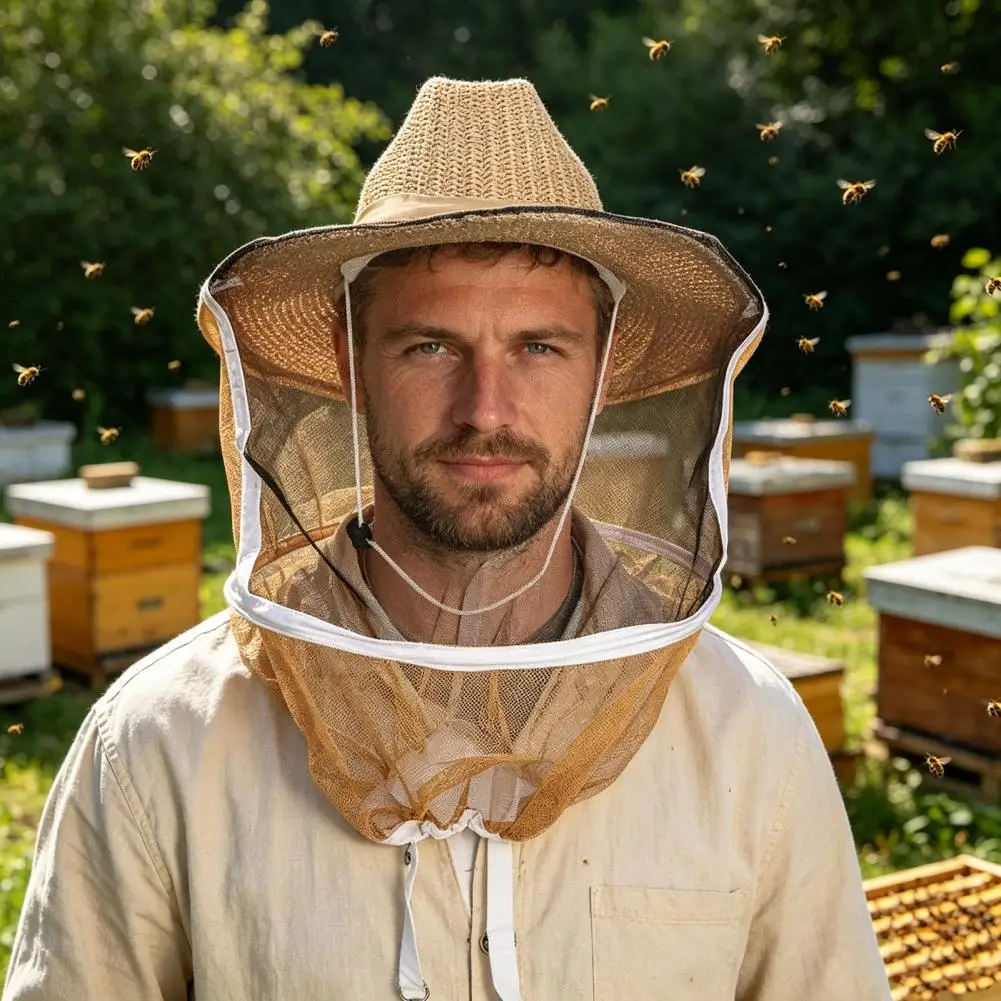 Hat with Shoulder Straps Beekeeping Hat with Veil Adjustable Wide Brim Mesh Visor Breathable Face Neck Protection Comfortable