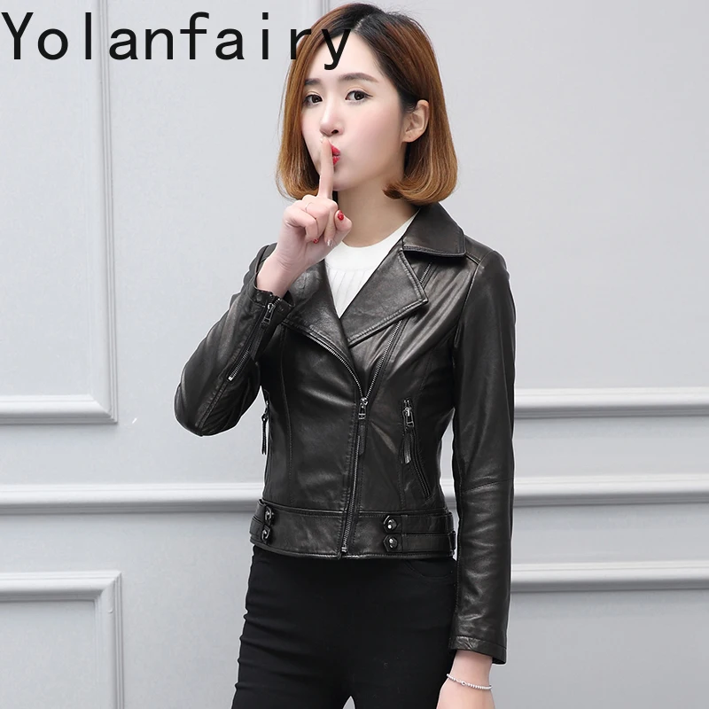YOLANFAIRY 정품 가죽 자켓 여성 봄 가을 짧은 진짜 양피 가죽 코트 여성 슬림핏 오토바이 아우터웨어